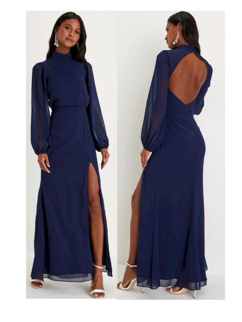 Lulus Graceful Entrance Navy Blue Long Sleeve Backless Maxi Dress Medium New NWT
